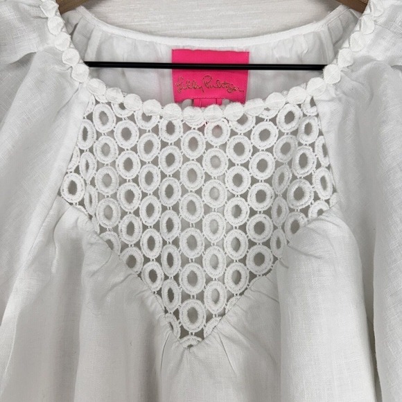 Lilly Pulitzer Charlet Short Puff Sleeve 100% Linen Dress Size 2 White Tiered - Picture 6 of 15